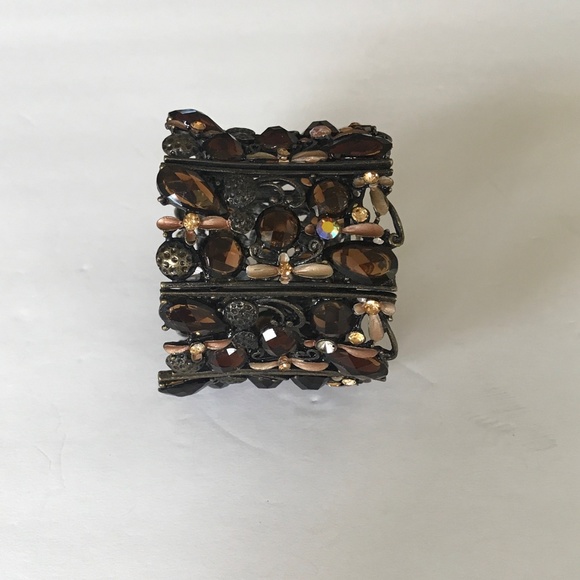 Rare Find! Handcrafted Brass 7 Panel Hinged 2” Cuff Bracelet Topaz Color Stones - Picture 2 of 10